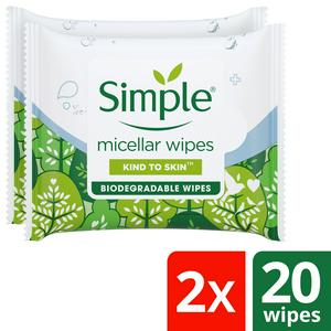 Simple Kind to Skin Micellar Biodegradable Waterproof Make Up Remover Cleansing Facial Wipes 2 x 20